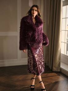 MOTF PREMIUM WATERFALL LONG SLEEVE FAUX FUR COAT FOR AUTUMN & WINTER - Burgundy - View 7