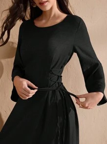 Graceveil Vestido de manga larga de cuello redondo de uso diario minimalista de unicolor para mujer - Negro - Ver 3