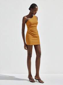 Maija Vestido corto y ajustado con un hombro, plisado, de estilo minimalista y moderno, adecuado para vacaciones, playa, festivales de música, Halloween, fiestas, invitados de boda, casual de negocios, otoño/invierno