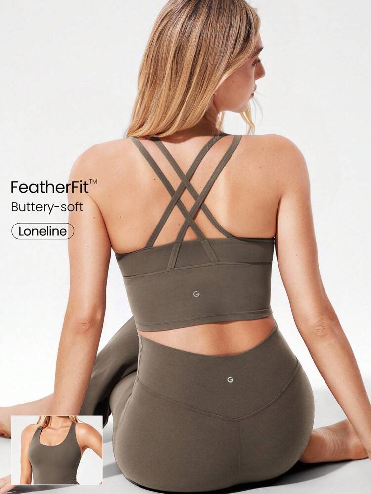 FeatherFit™ Longline Crossover Strap Sports Bra Light Support Yoga Pilates Studio Gym Daily Spring Summer