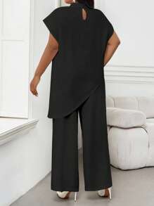 SHEIN Lady 大码女式纯色圆领蝙蝠袖宽松不对称下摆优雅衬衫 - 黑色 - 查看 2