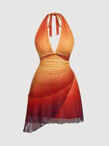 SHEIN MOD Plus Size Ombre Bowknot Asymmetric Fitted Dress Woman Fall Outfit, Sunset Dress,Wedding Guest Dress Women,Autumn Clothes,Fall Clothes,Retro,Chic - Multicolor - View 3