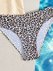 Swim Lushoire Ladies' Summer Beach Music Festival Beige Special Fabric Leopard Print Flowing Hem Slimming Knot Shoulder Strap Elegant Vacation Style Tankini Set - Multicolor - View 5