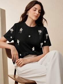 Anewsta Camiseta holgada casual con flores hechas a mano con cuentas para mujer