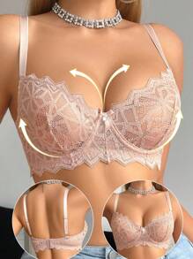 SHEIN 1 Áo ngực có gọng viền ren màu trơn dành cho nữ - Màu be - Xem 3