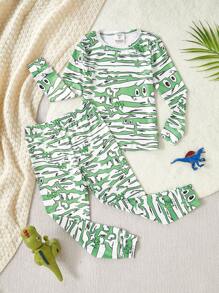 Young Boy Glow-In-The-Dark Halloween Mummy Element Pajama Set, Green Glow Effect, Stretchy Soft Fabric, Long Sleeve Top And Leggings Snug Fit Boys Glow In The Dark Pajamas Fall Winter - Green - View 4