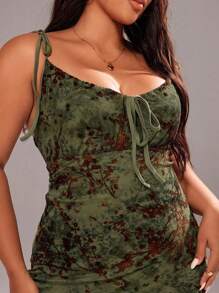 Rustia Plus Size Spaghetti Strap Front Knot Mesh Backless Split Dress - Multicolor - View 7