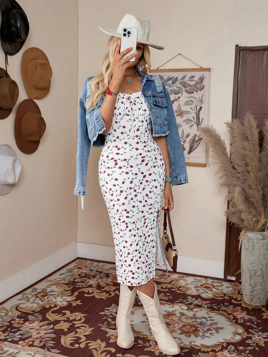 LanaWest Vestito lungo da donna con stampa floreale, nodo frontale, spacco alto sulla coscia - Bianco - Visualizzare 1