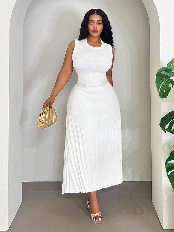 Veslaya Women's Elegant White Autumn Silky Woolen Sweater Long Dress,Sleeveless Round Neck Pearl Buckle Festa Party Office Work Commuting Street Style Y2k