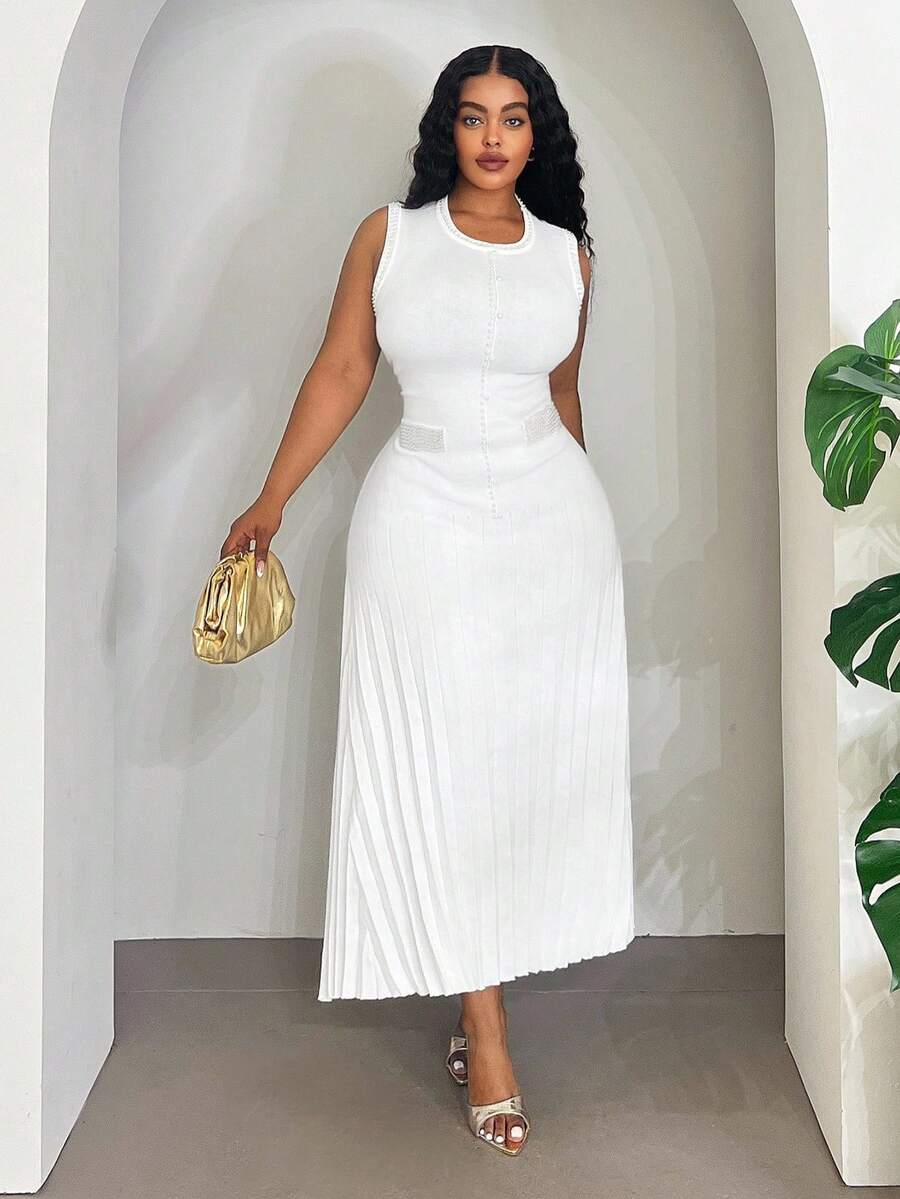 Veslaya 2025秋冬新款大码女装/秋季女装/返校季/校园装/Y2K/街头风/约会/工作/办公室/机场女装/派对/通勤/优雅/鸡尾酒会/朋克/颓废/情人节/通勤组合白色羊毛衫圆领无袖珍珠扣长裙 - 白色 - 查看 1