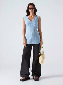 LYSMO Fashionable V-Neck Floral Striped Embroidered Top For Women - Blue - View 4