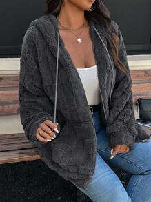 SHEIN LUNE Warm & Comfortable Casual Gray Fluffy Jacket, Plus Size, Suitable For Outings, Autumn Season Thanksgiving Outfit Women New Years Women Outfit Winter Dresses Winter Clothes Women Rave Outfits Fall