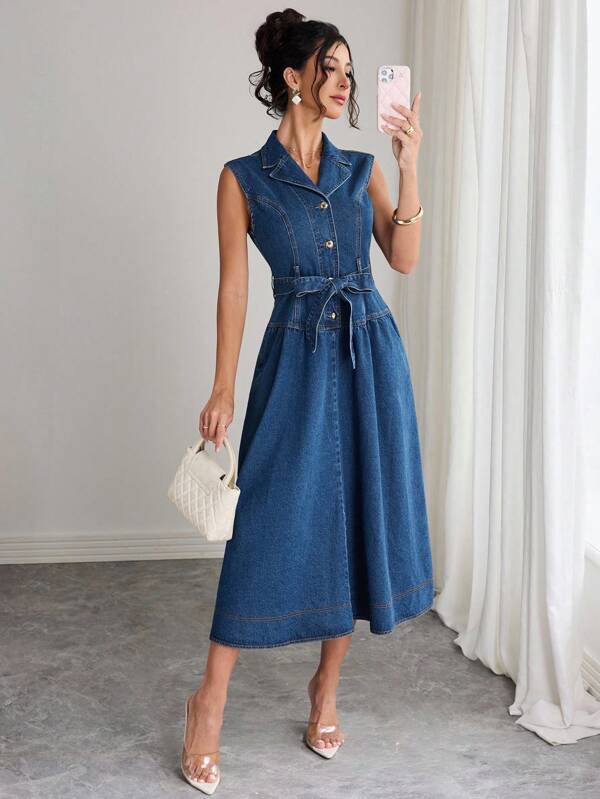 Elenzga 女士休闲无袖牛仔连衣裙，夏季