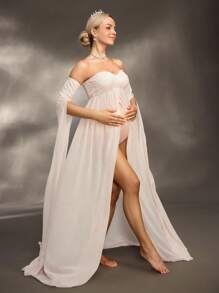 Cheriluna Maternity 孕妇摄影连衣裙，超长袖，无肩带，防滑蕾丝开衩长裙