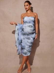 MaterniChic 2pcs/Set Pregnant Women Party Wear Sequined Long Cardigan And Solid Color Ruched Fitted Tube Dress, For Baby Shower Party, For Maternity  Fall Clothes  Maternity  Baby Shower - Blue - View 8