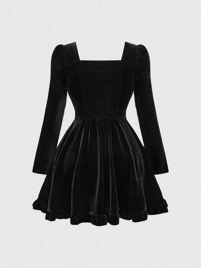 Goth Vintage Gothic Dark Heart & Eye Embroidery Velvet Long Sleeve Dress, Halloween