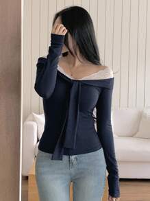 DAZY 女款蕾絲拼接露肩綁帶設計長袖修身休閒T恤外出上衣 - 藏蓝色 - 查看 6