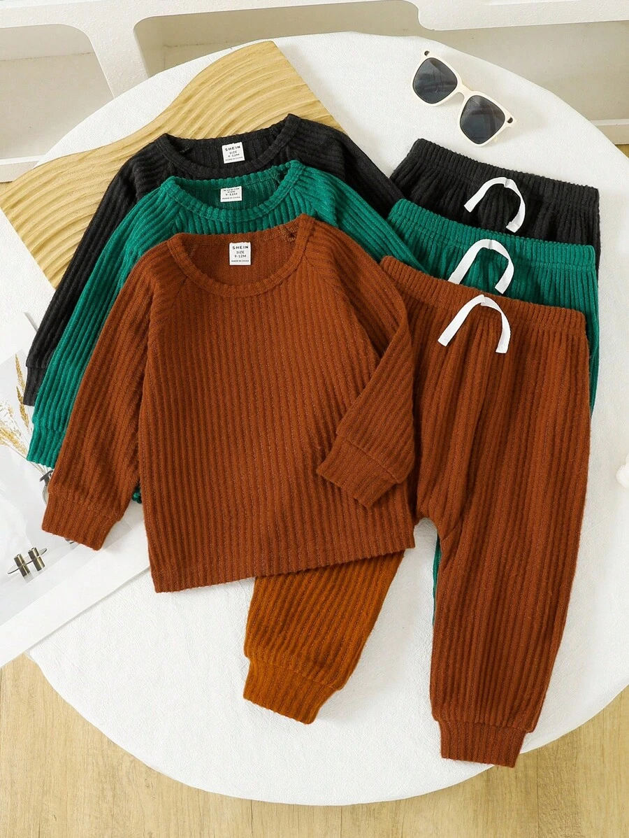 SHEIN 6pcs/Set Toddler Boys' Knitted Crew Neck Long Sleeve Sweater And Pants Set,All Shades Of Brown,Autumn,Casual,Family Matching Textured Fuzzy Outfits - Multicolor - View 1