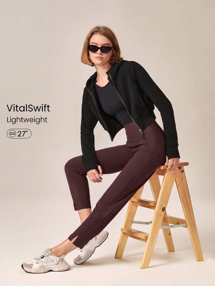 GLOWMODE 25'' VitalSwift Ultra-Light Petite Tapered Slim-Fit Slit Work Joggers Pants With Side Pockets Daily Casual Fall - Purple - View 1