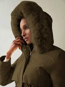 Aveloria Modichic 女士休闲纯色抽绳腰仿毛领连帽加厚棉服外套，冬装 - 咖啡棕 - 查看 6