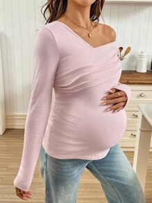 SHEIN Autumn And Winter Maternity Casual Solid Color Oblique Shoulder Long Sleeve T-Shirt - Pink - View 3