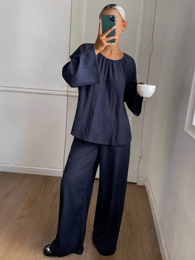 DAZY Conjunto de pijama suelto de mujer con diseño fruncido de unicolor - Azul Marino - Añade 6