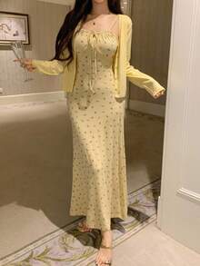 DAZY 纯色露脐上衣和碎花修身长款吊带睡裙女士睡衣套装，秋冬服装 - 黃色 - 查看 4