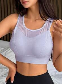 DAZY Mesh Patchwork Sleeveless Slightly Gathered Pullover Sports Bra For Women Lingerie For Women - Blue - View 7