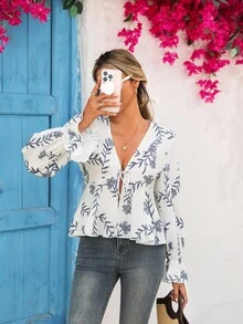 Vivid Eden Women's White And Blue Floral V-Neck Elegant Long Bell Sleeve Blouse,Boho Tops For Autumn,Vacation,Holiday Summer Boho Blouse, - White - View 1