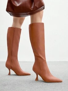 CUCCOO BIZCHIC Bottes mi-mollet à talon fin et bout pointu, de couleur unie et style minimaliste pour femmes - Tabac - Voir 3