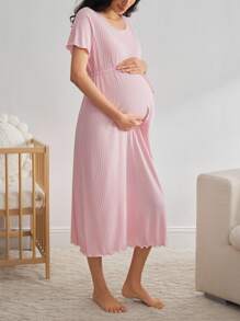 Moonlight&Mama Comfortable Striped Elastic Drawstring Short Sleeve Nightgown, Maternity Loungewear - Pink - View 4