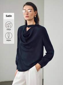 Uhlyne Uhlyne Blusa de manga larga con cuello drapeado y lazo, de seda satinada, de color negro sólido, suelta y cómoda, estilo minimalista, para otoño, apta para el trabajo, profesores, vuelta al colegio, otoño, estilo neutral, casual de negocios, estilo "old money" - Negro - Ver 2