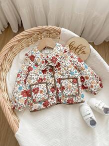 SHEIN Chaqueta casual con forro térmico y estampado floral para bebé niña, adecuada para otoño/invierno - Rosa - Ver 4