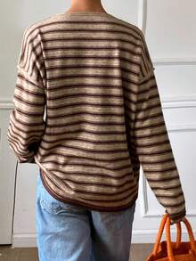 DAZY Women's Loose Striped Crew Neck Long Sleeve Casual Sweater, Spring/Autumn,Fall Women Clothes - Brown - View 2