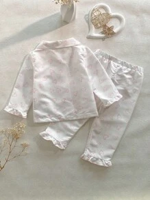 2 件套女婴长袖圆领荷叶边袖口心形印花上衣和心形印花荷叶边下摆裤子套装 - 淺粉色 - 查看 2