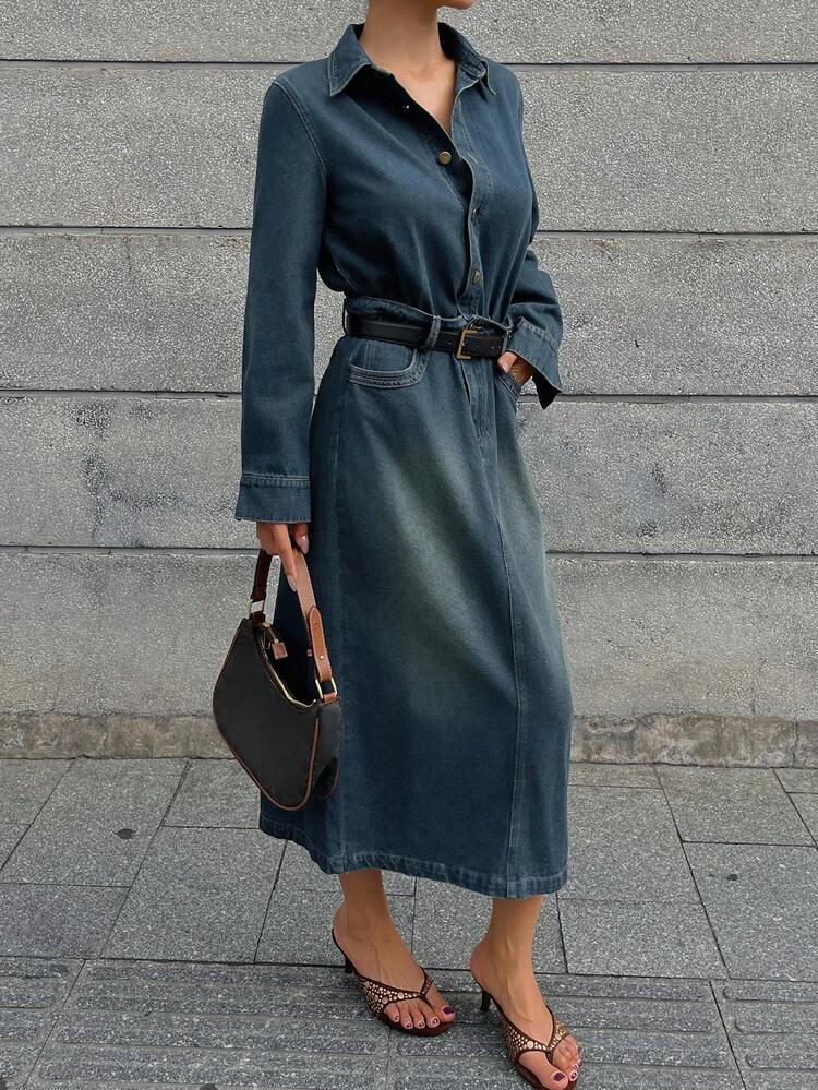 Vintage Long Sleeve Denim Dress, Waist Cinched Slim Fit Bodycon Dress For Women Maxi Dress