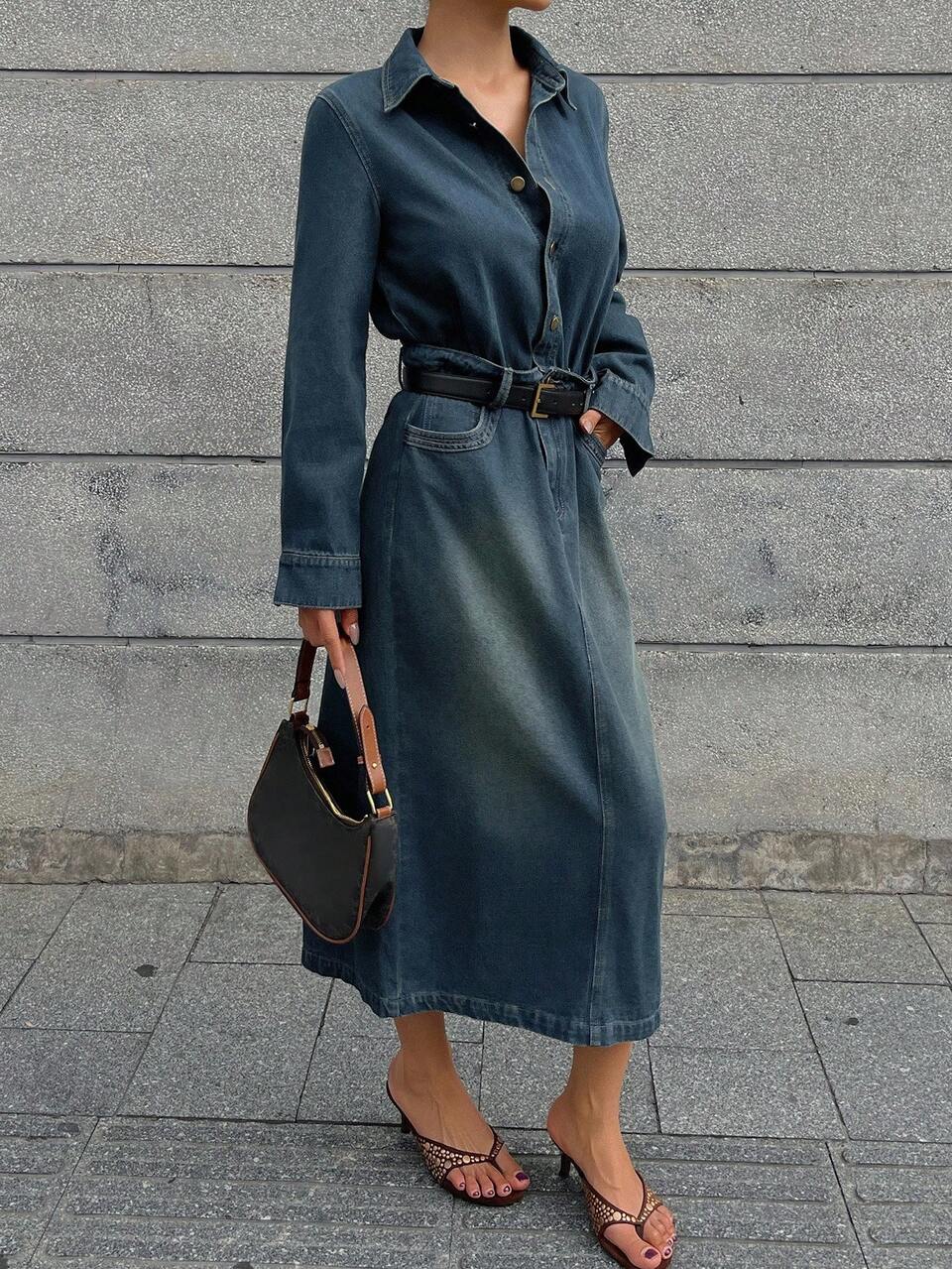 Vintage Long Sleeve Denim Dress, Waist Cinched Slim Fit Bodycon Dress For Women Maxi Dress