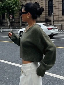 DAZY Loose Fit Cropped Pullover Sweater For Women, Versatile New Style Fall - Army Green - View 2