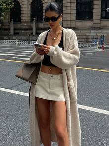 DAZY Áo len cardigan dáng rộng cổ điển, áo khoác len dệt kim dài thiết kế độc đáo dành cho nữ vào mùa thu/đông - Lạc đà - Xem 5