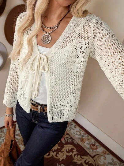 LanaWest Women's Summer Beach Casual Long Sleeve Hollow Out Tie-Front Crochet Cardigan,Long Sleeve Tops