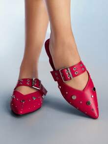 CUCCOO GRLICON Fashionable Metal Leather Belt Buckle Rivet Red Sandals - Red - View 1