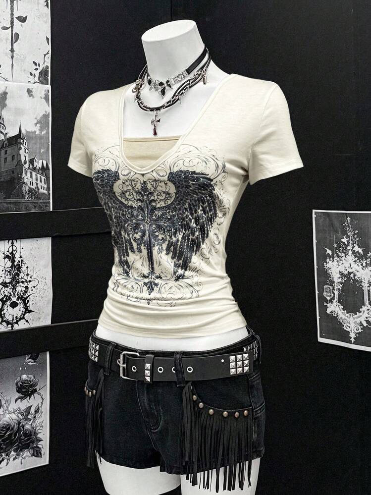 EgrlEra Camiseta de manga corta con estampado punk gris y adornos de rhinestones para mujer - Albaricoque - Añade 1