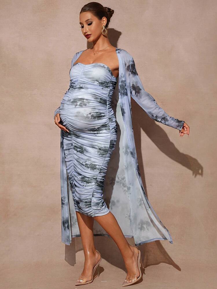 SHEIN MaterniChic 2 件套孕妇派对装亮片长开衫和纯色褶饰修身抹胸连衣裙，适合婴儿洗礼派对，适合孕妇 - 藍色 - 查看 4