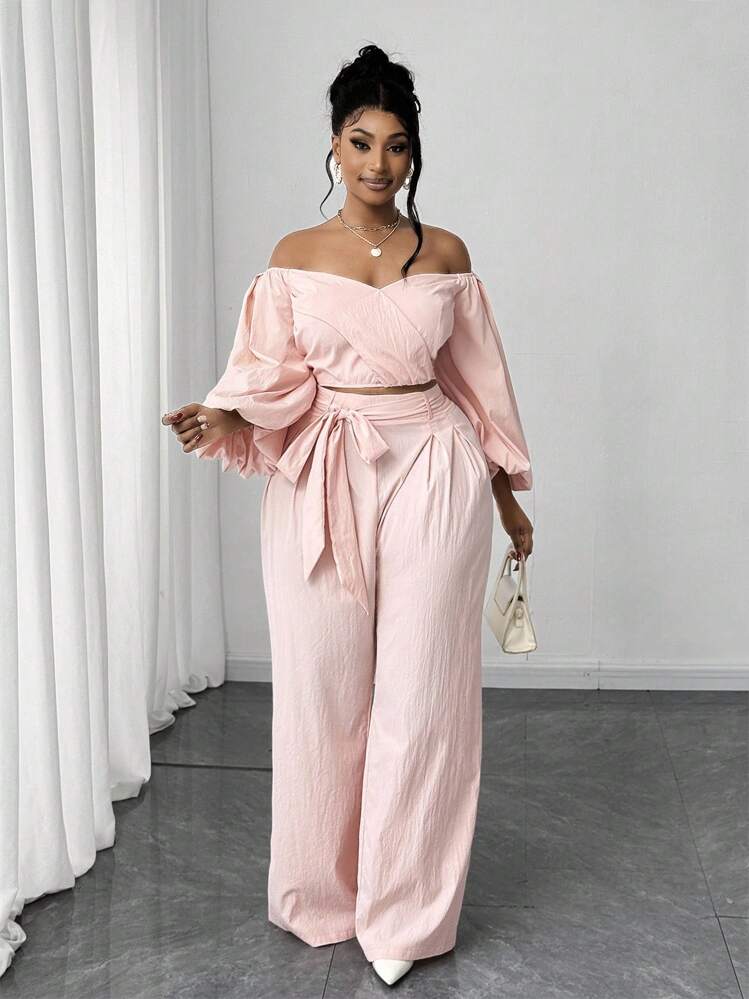 Maweii Set de 2 piezas de manga abullonada con lazo casual para tallas grandes - Rosa Pálido - Añade 1