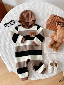 SHEIN 新生儿男女宝宝可爱秋冬休闲条纹卡通熊图案连帽抓绒连体衣，卡其色条纹婴儿服装，新生儿男女宝宝冬季服装，男宝宝服装，熊条纹男宝宝套装，男宝宝连帽连体衣 - 彩色 - 查看 11