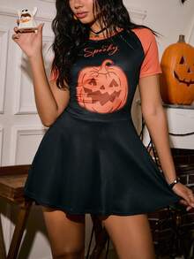 Miss Vinta Women's Halloween Contrast Color Pumpkin Print Raglan Sleeve Round Neck Nightgown Dress, For Halloween Party - Black - View 1