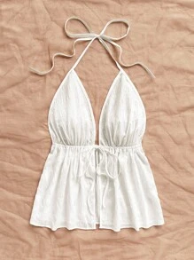 Soleia Casual V-Neck Tie Backless Textured Fabric Red Tank Top