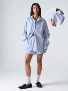 LYSMO 2件套女士休闲通勤条纹衬衫和短裤 - 藍色 - 查看 1