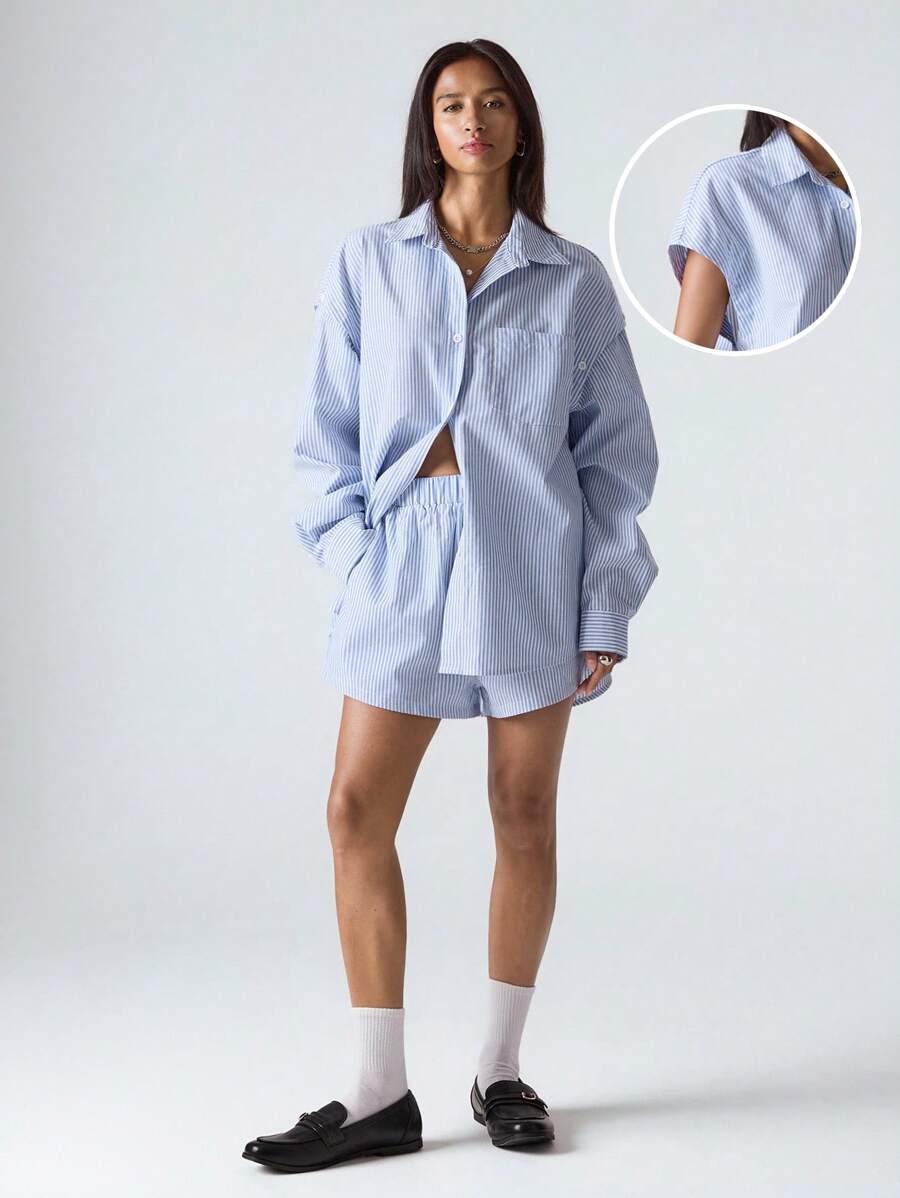 LYSMO 2件套女士休闲通勤条纹衬衫和短裤 - 藍色 - 查看 1