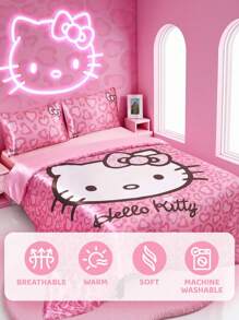 HELLO KITTY AND FRIENDS | SHEIN 3 件套粉色猫咪印花床上用品套装，缎纹面料，柔软凉爽，多种尺寸可选，适用于单人床/双人床/大床/特大床，适合房间装饰
